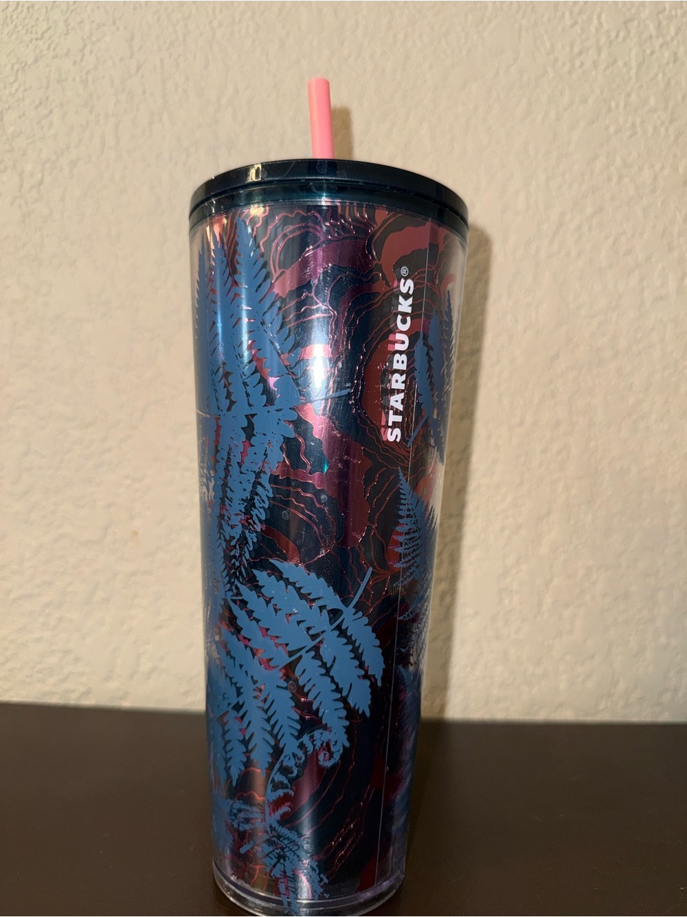 Starbucks Blue Fern Patterned Tumbler with Pink Straw